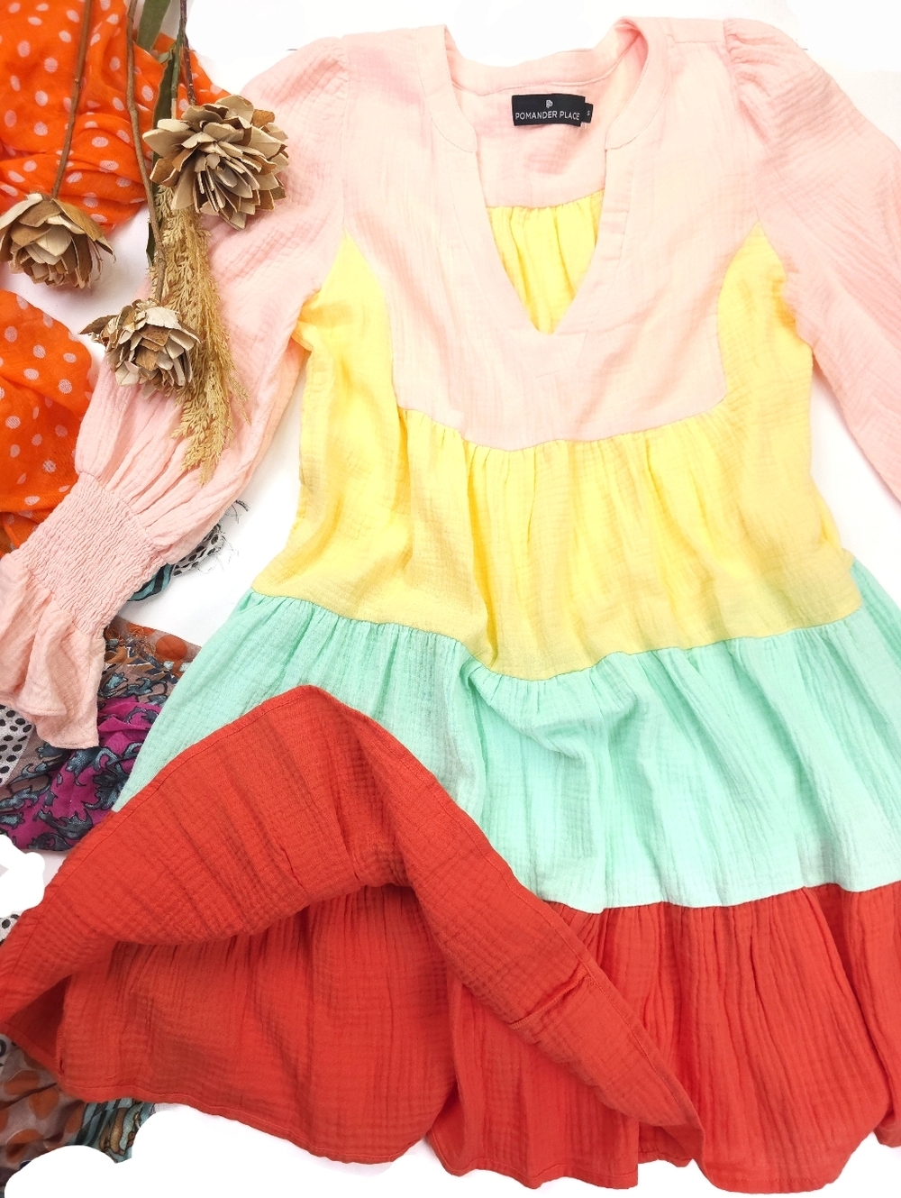 New Tuckernuck Pomander Place Colorblock Tiered Dress Pink Yellow Mint Red Sz S - Picture 2 of 13